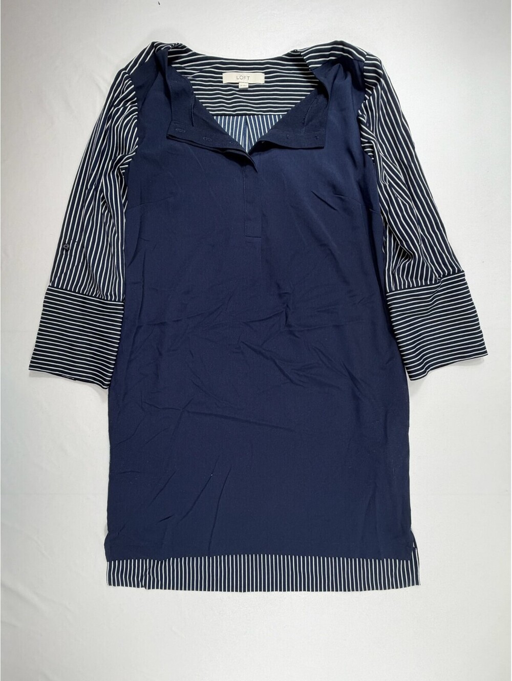 LOFT Navy Blue and White Striped Polyester Dress XS